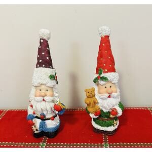 Two Composite Santa Claus Stand Alone Decorative Ornaments 7" Heavy Christmas